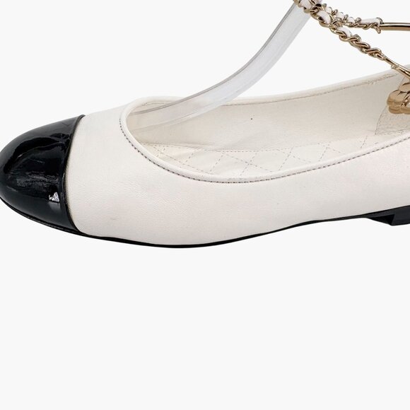 Chanel CC Camellia Ankle Chain White Cap Toe Ballet Flats Size 37.5 US 6.5-7 - Picture 8 of 15